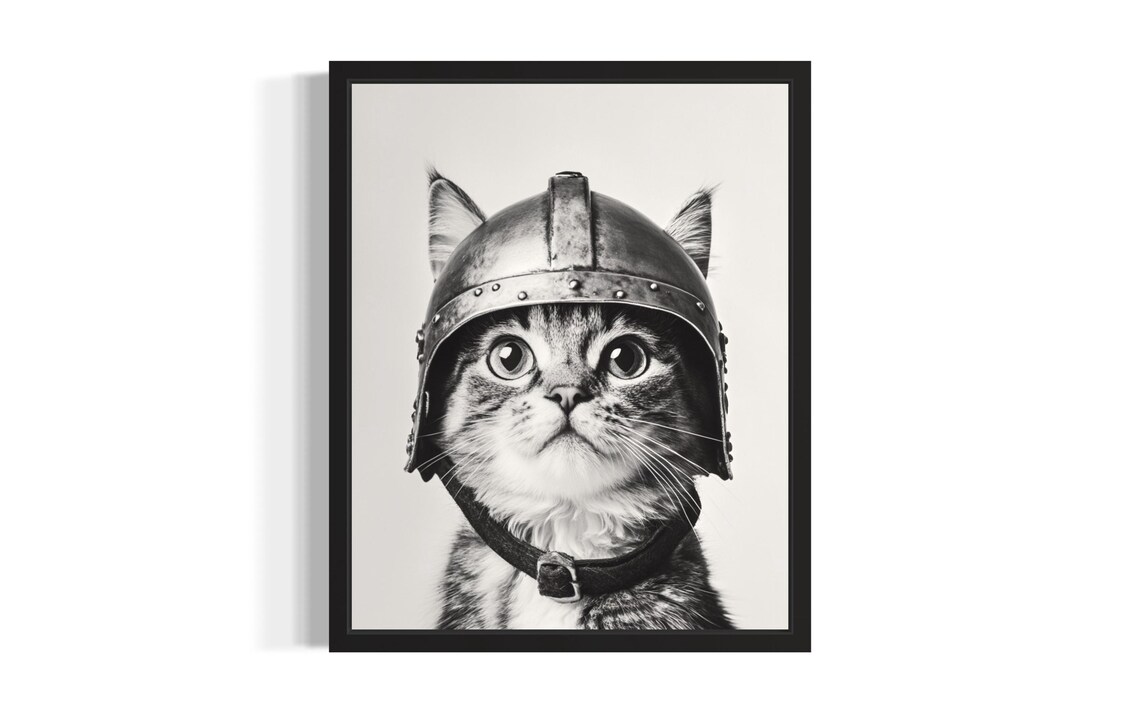 Black And White Tabby Cat In Medieval Knight Helmet Portrait Poster