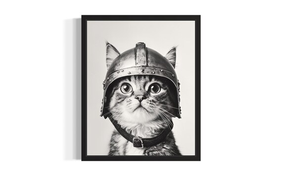 Black And White Tabby Cat In Medieval Knight Helmet Portrait Poster
