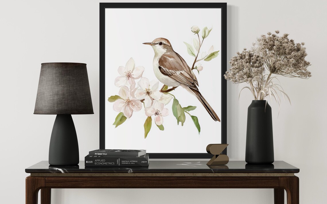 Northern Mockingbird On White Blossom Watercolor Bird Poster - Image 2