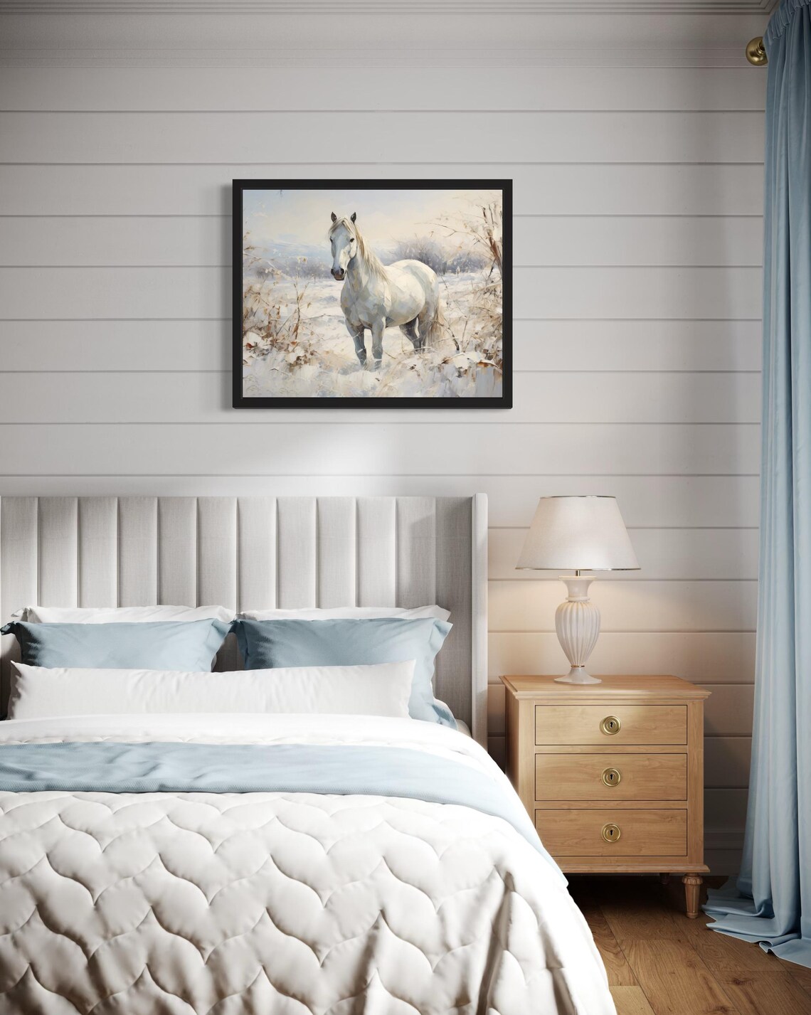 White Horse Standing in Snowy Winter Landscape Painting Poster - Image 4