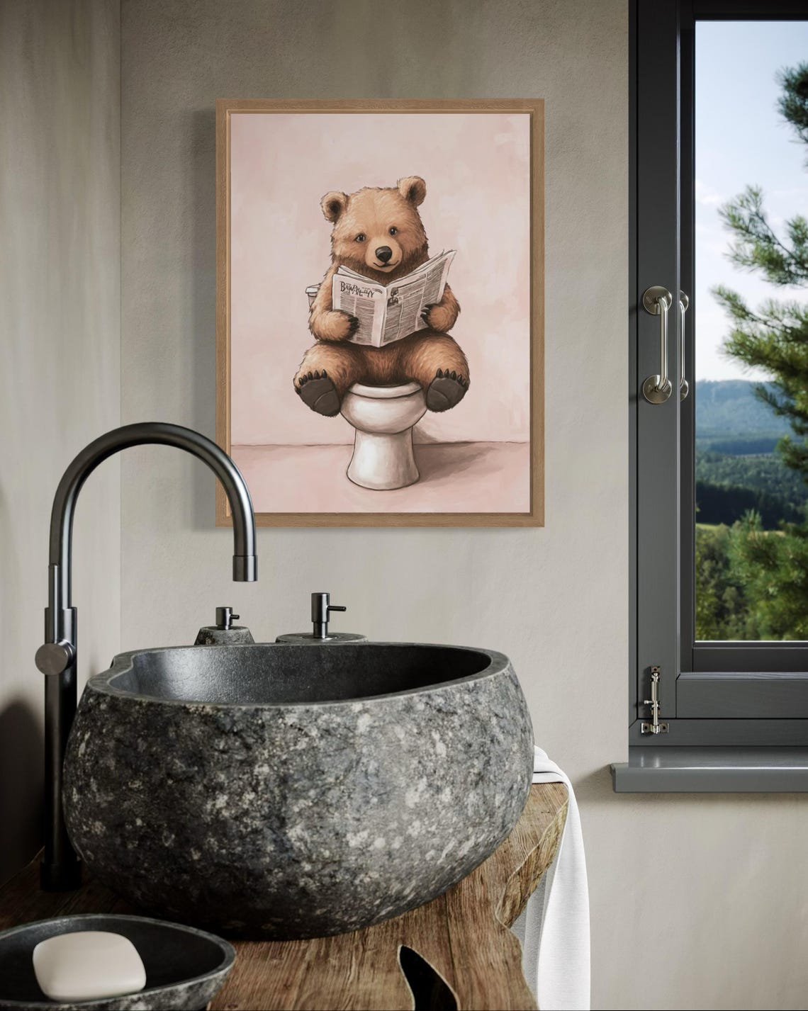 Brown Bear Reading Newspaper on Toilet Funny Bathroom Poster - Image 3