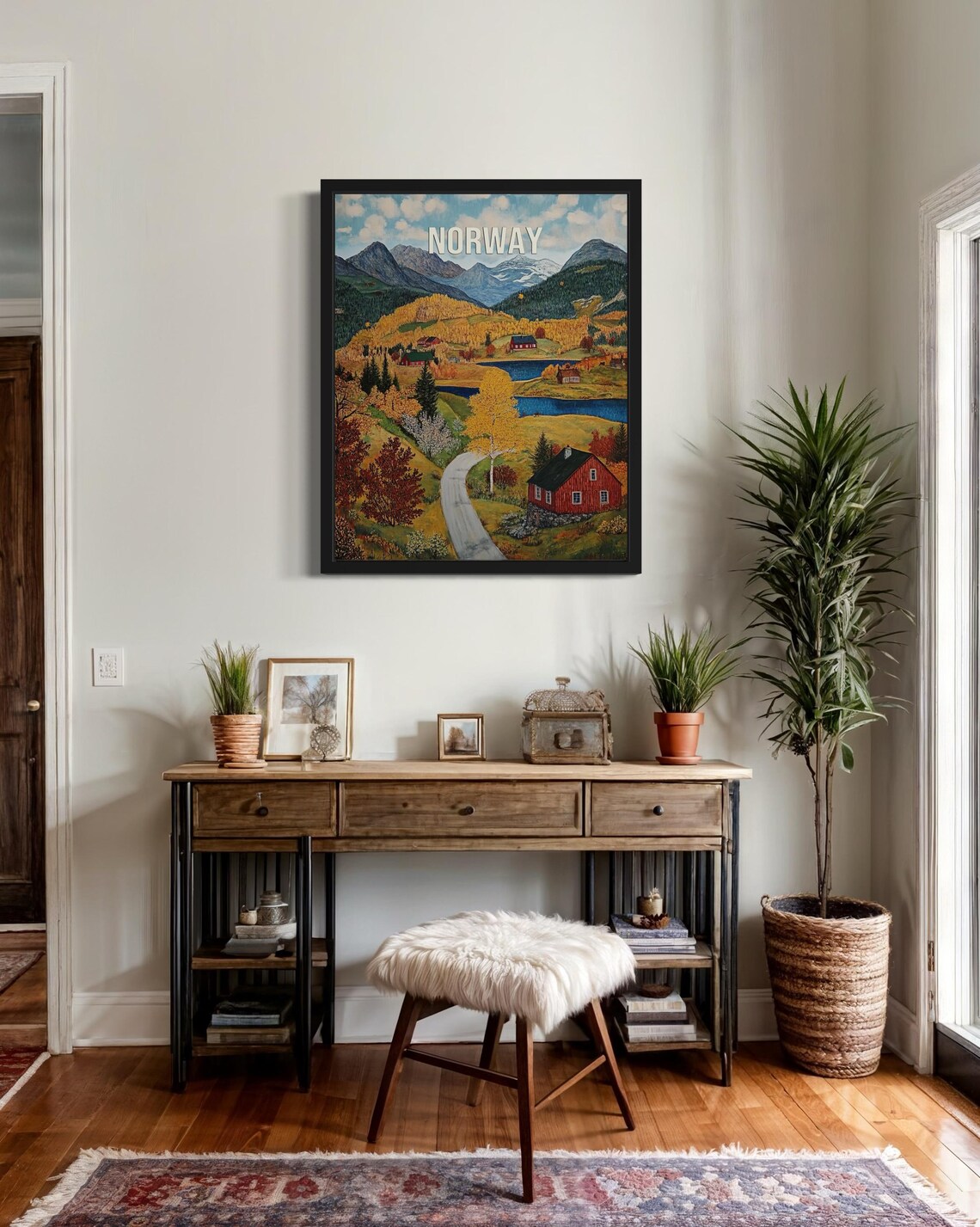 Norway Autumn Fjord Valley with Red Barn and Blue Lake Travel Poster - Image 3