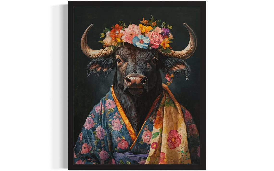 Water Buffalo Flower Crown and Floral Kimono Portrait Poster