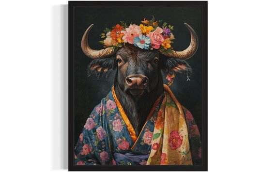 Water Buffalo Flower Crown and Floral Kimono Portrait Poster