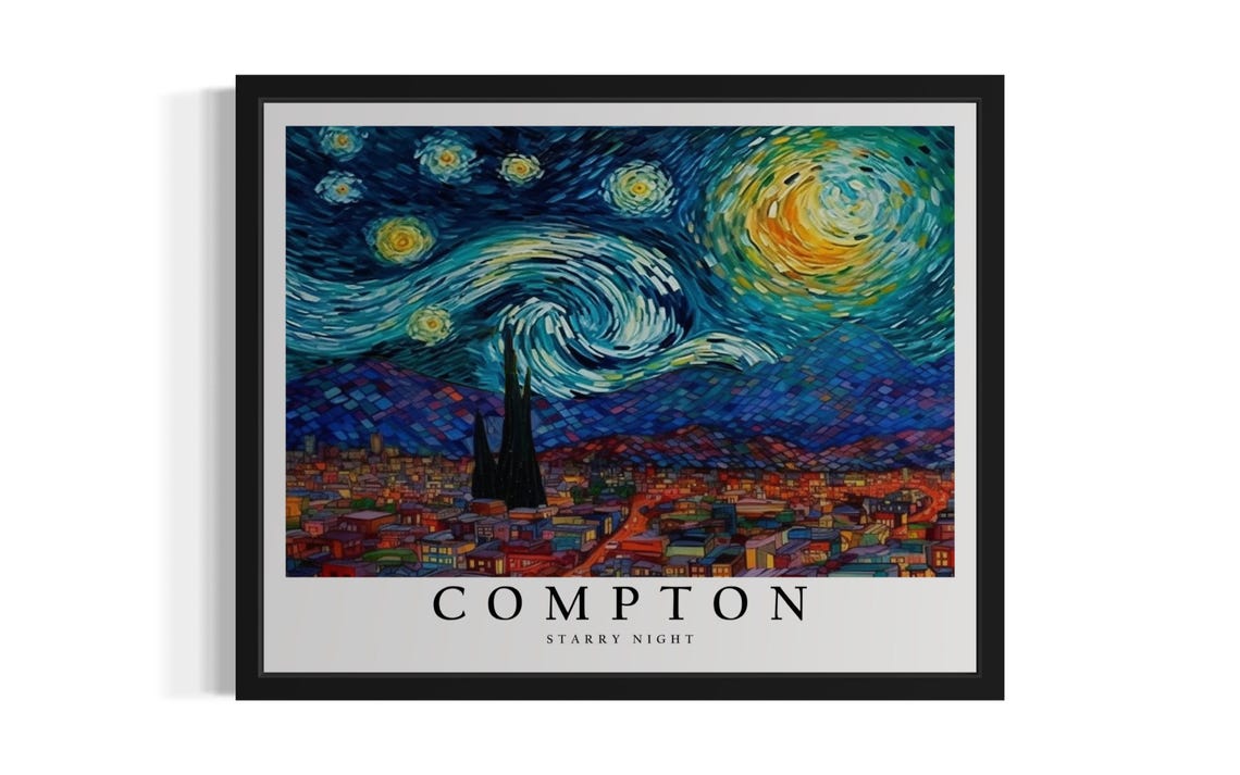 Compton Starry Night Van Gogh Style Swirling Sky Cityscape Art Poster