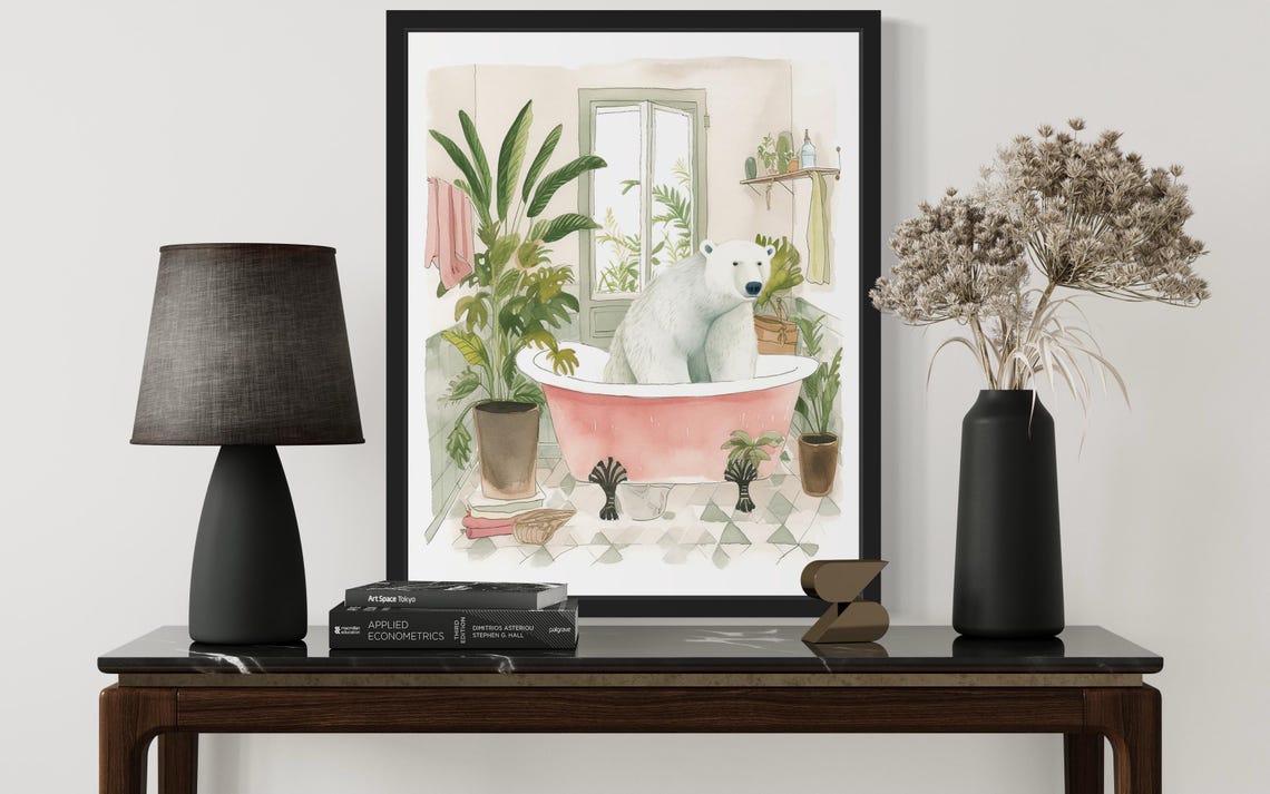 Polar Bear Sitting in a Pink Bathtub Watercolor Bathroom Art Poster - Image 3