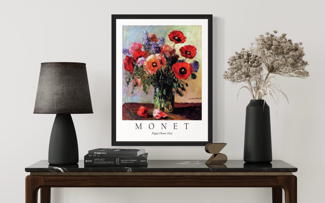 Red Poppy Bouquet in a Clear Glass Vase Monet Style Flower Poster - Image 4