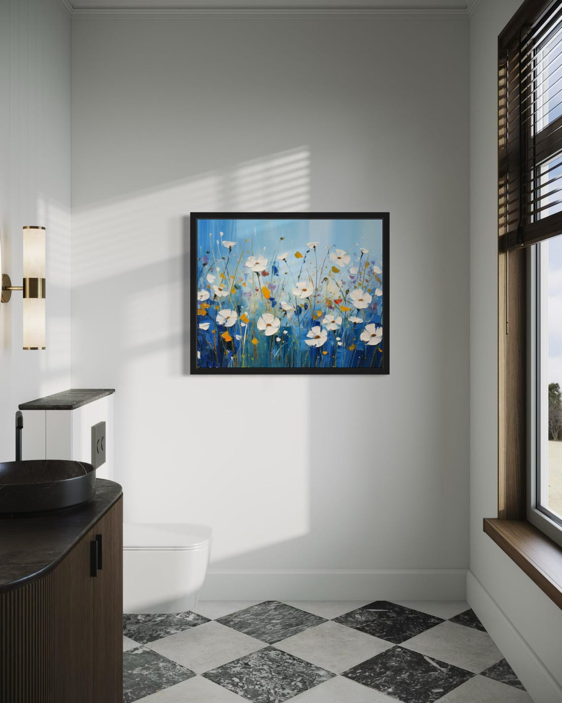 White Wildflowers Dancing Against Deep Blue Sky Painting Poster - Image 4
