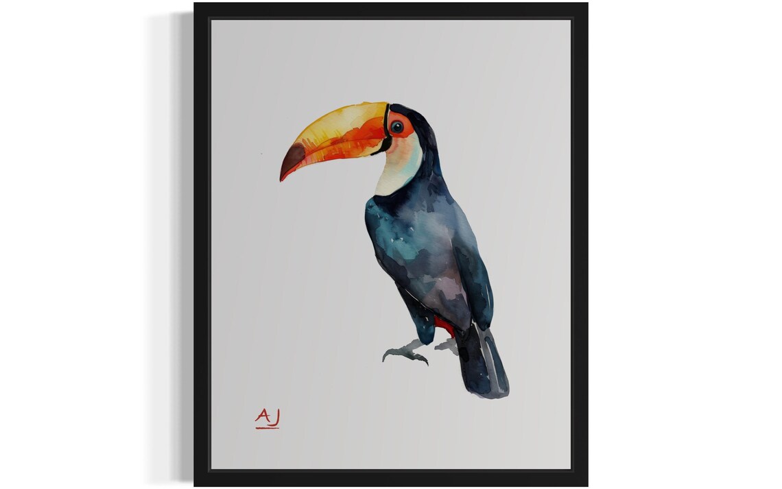 Toucan with Vibrant Orange Beak Minimalist Watercolor Bird Art Poster
