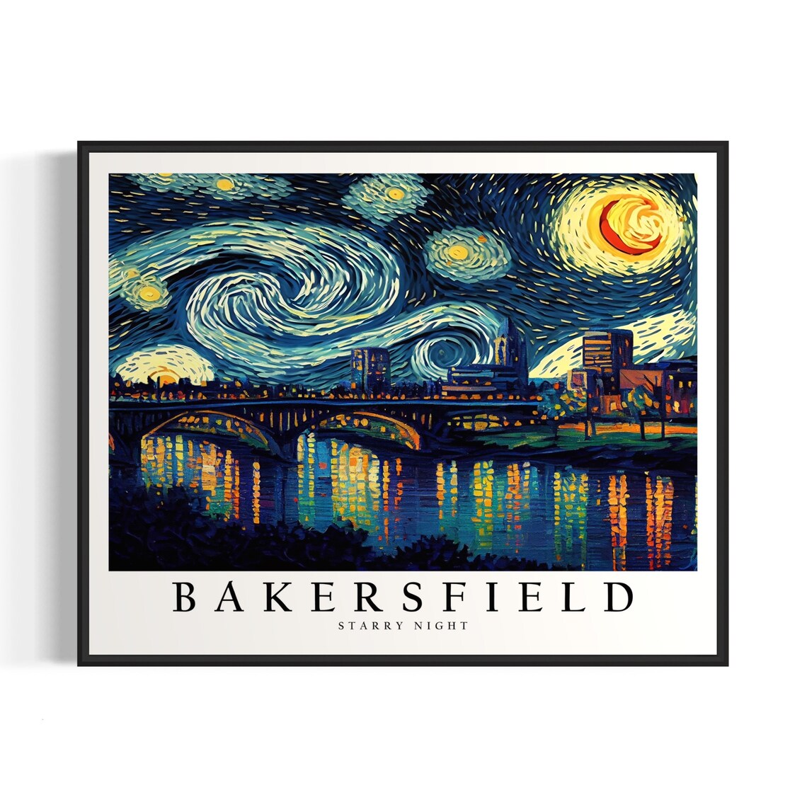 Bakersfield California Starry Night Bridge Glowing River Night Art Poster
