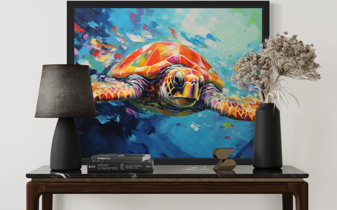 Colorful Sea Turtle Swimming in Deep Blue Ocean Painting Poster - Image 3