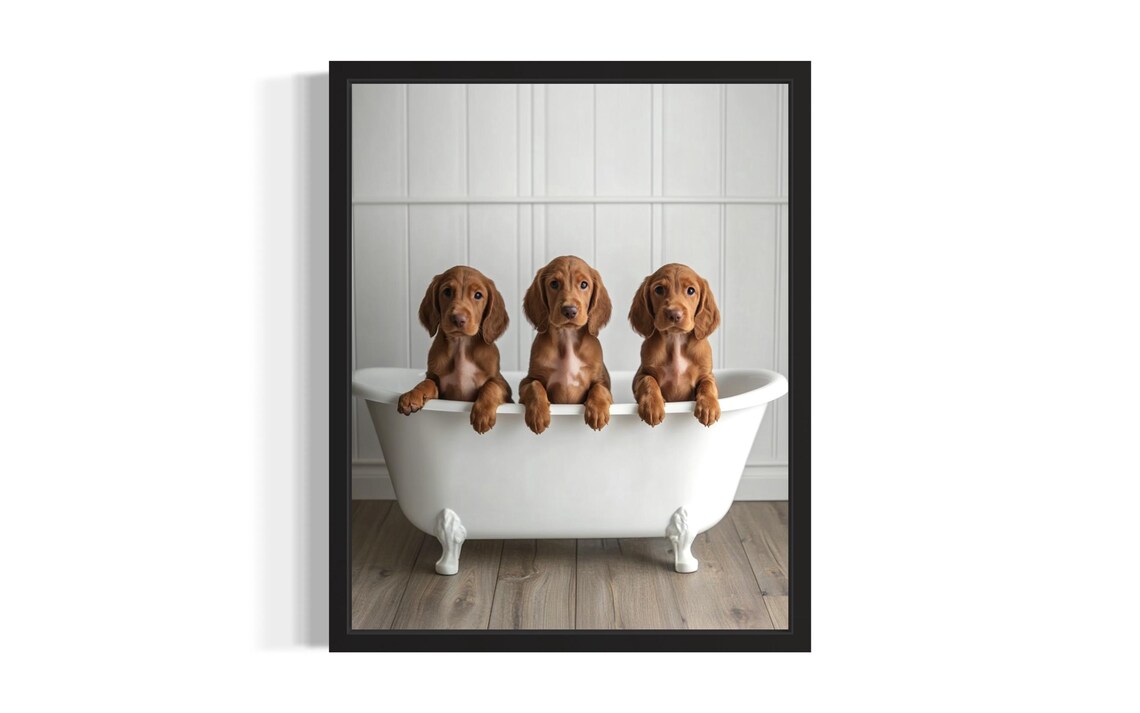 Three Adorable Brown Puppies in a White Bathtub Photo Poster
