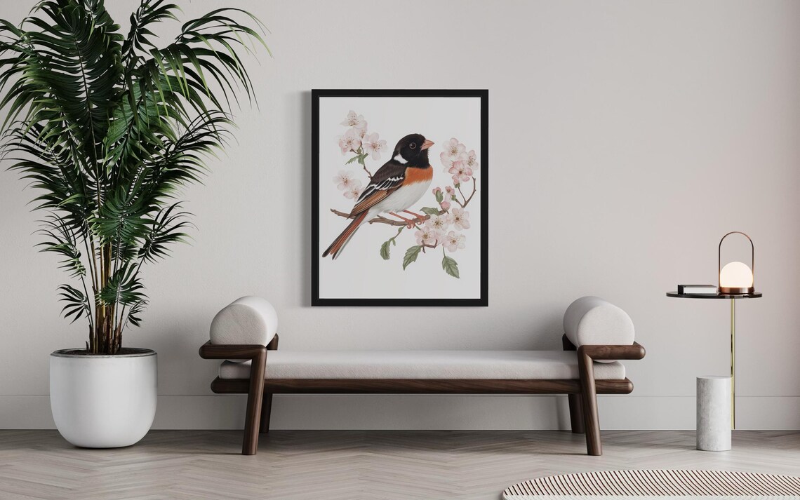 Elegant Eastern Towhee on Cherry Blossom Branch Watercolor Poster - Image 3