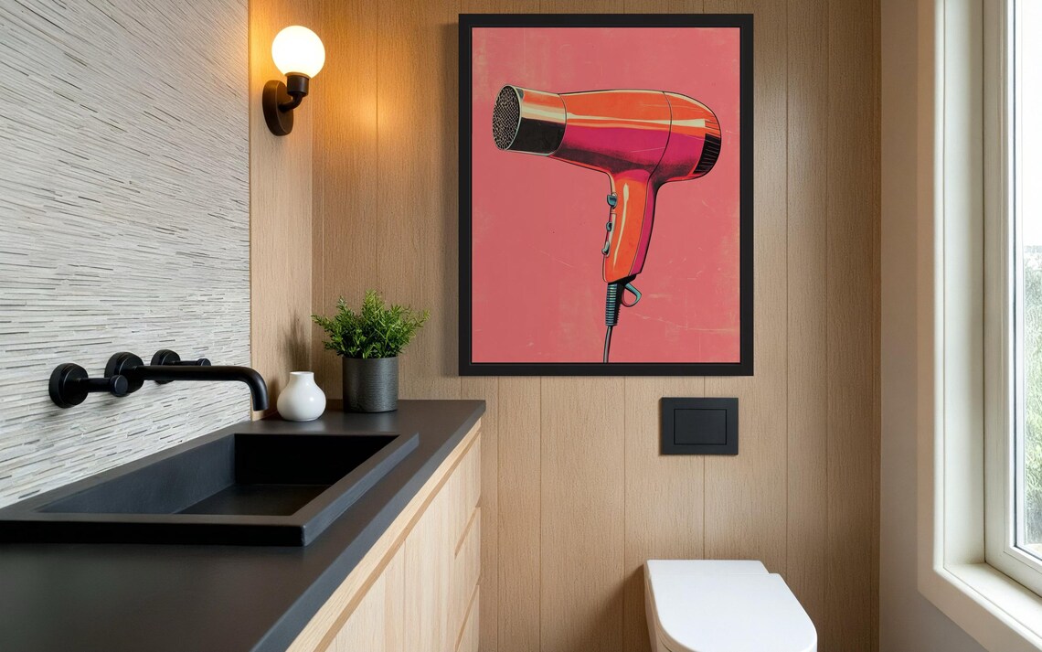 Vintage Red Hair Dryer Retro Pop Art Print on Pink Background - Image 3