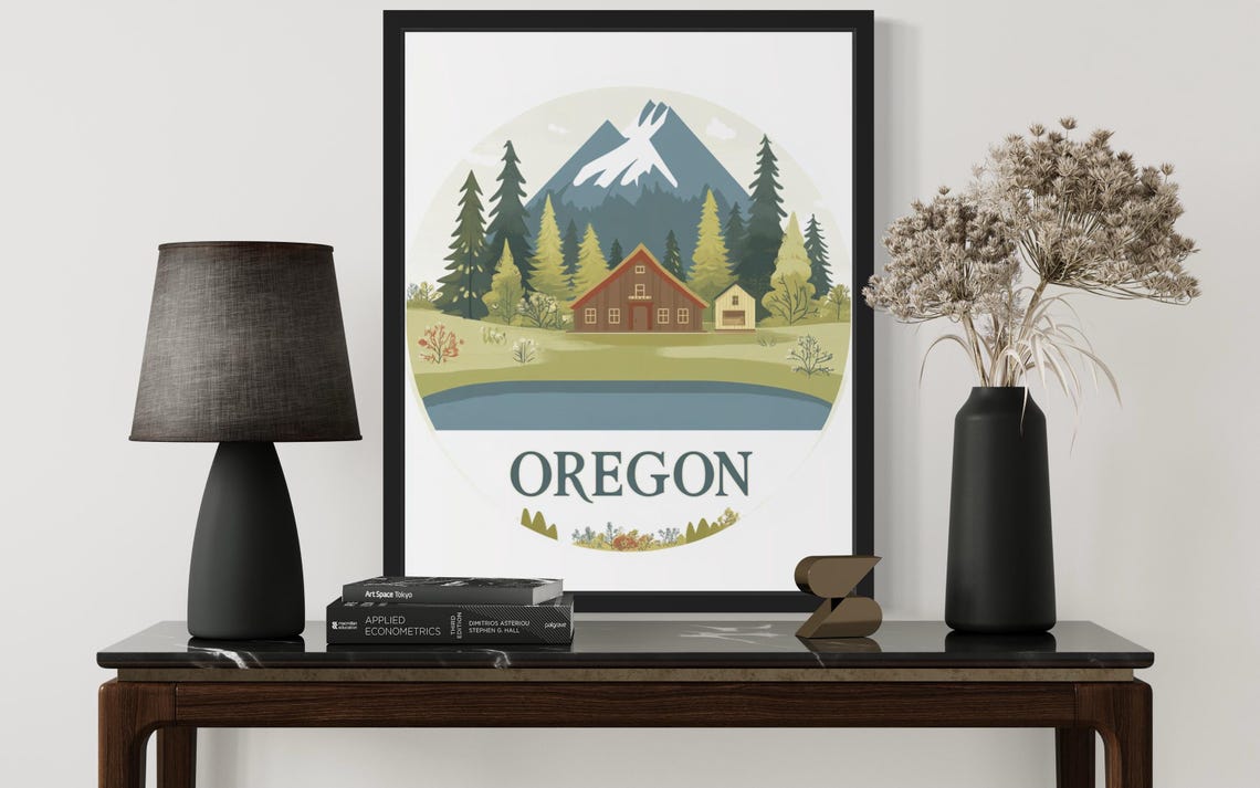 Oregon Mountain Lake Cabin Scenic Circle Illustration Poster - Image 3