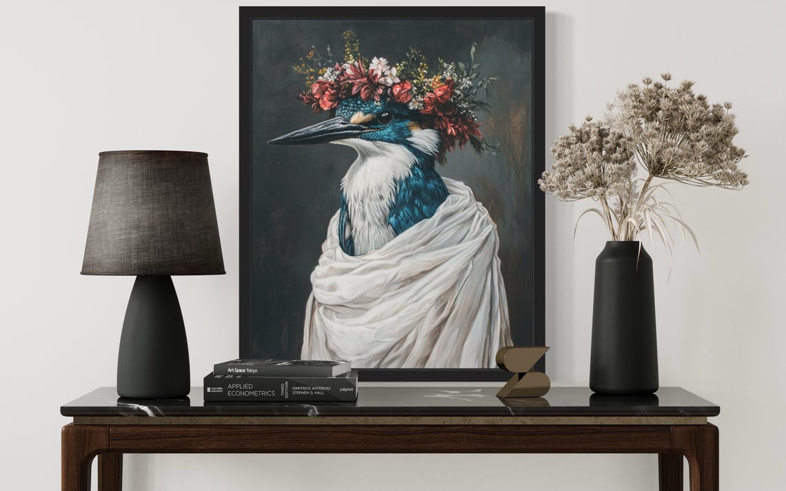 Kingfisher Portrait with Red Flower Crown White Drape Poster - Image 2