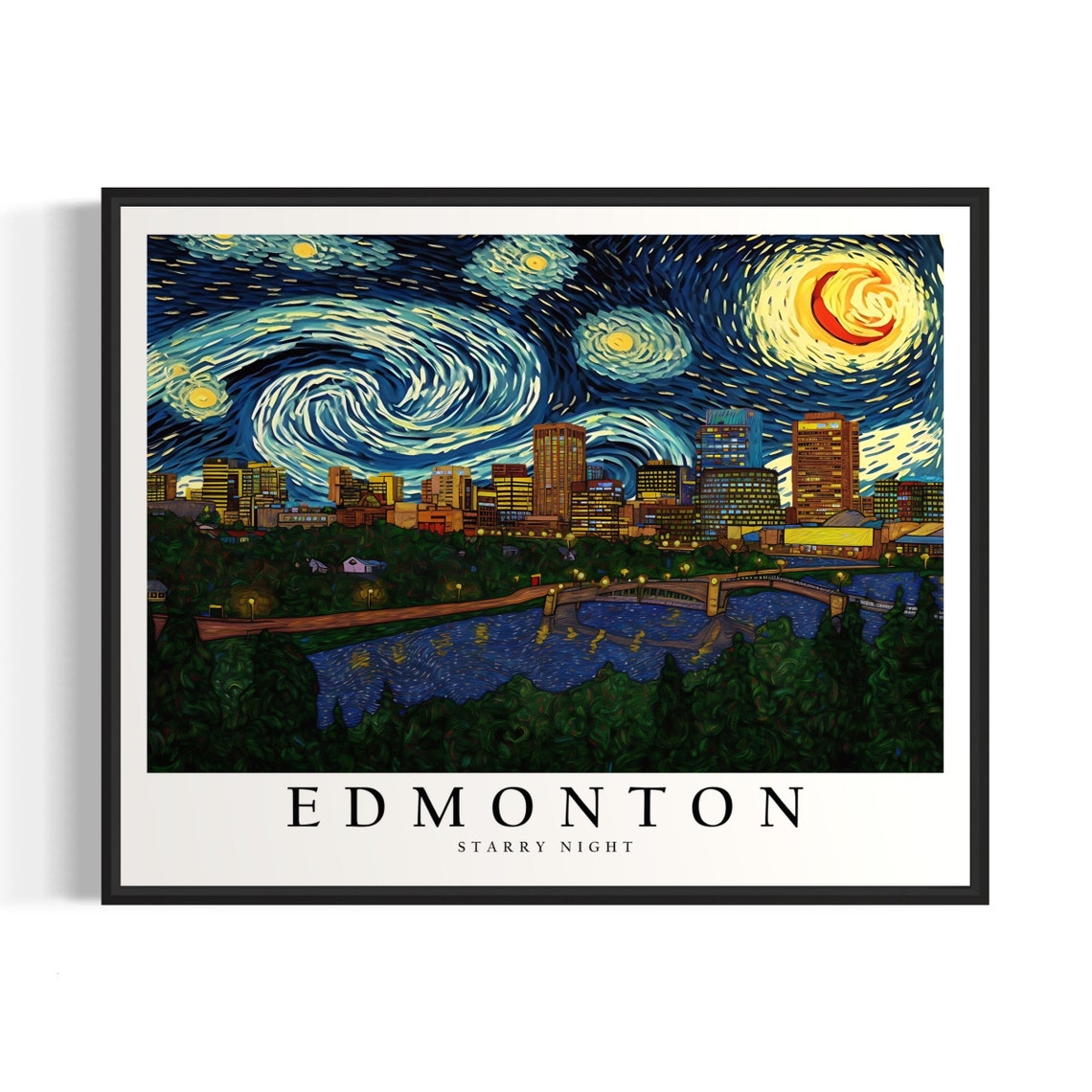 Edmonton River Valley Skyline Van Gogh Starry Night City Poster