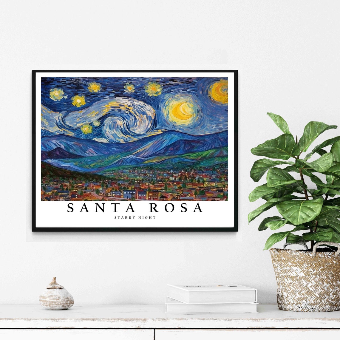Santa Rosa Starry Night Van Gogh Style City Hills Art Poster - Image 2