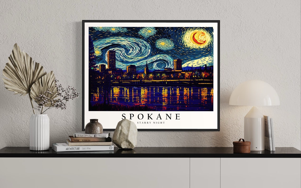 Spokane Washington Starry Night Skyline Bridge Riverfront Art Poster - Image 2