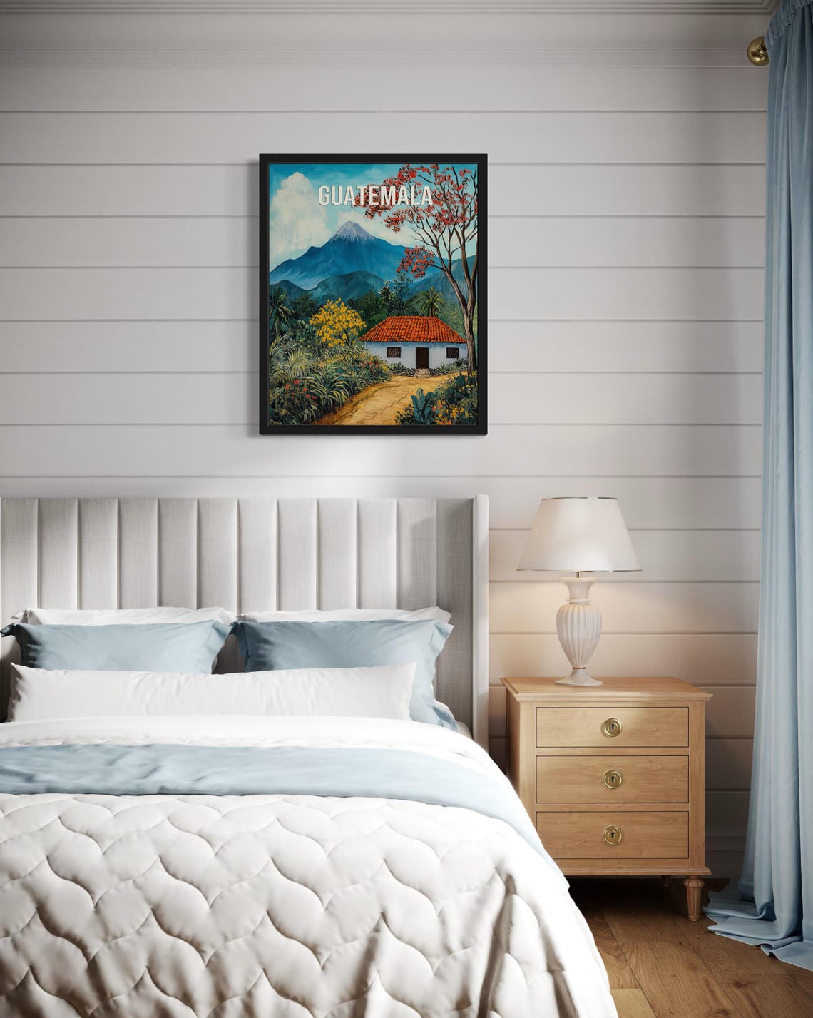 Guatemala Towering Volcano Red Roof Cottage Naive Folk Art Poster - Image 4