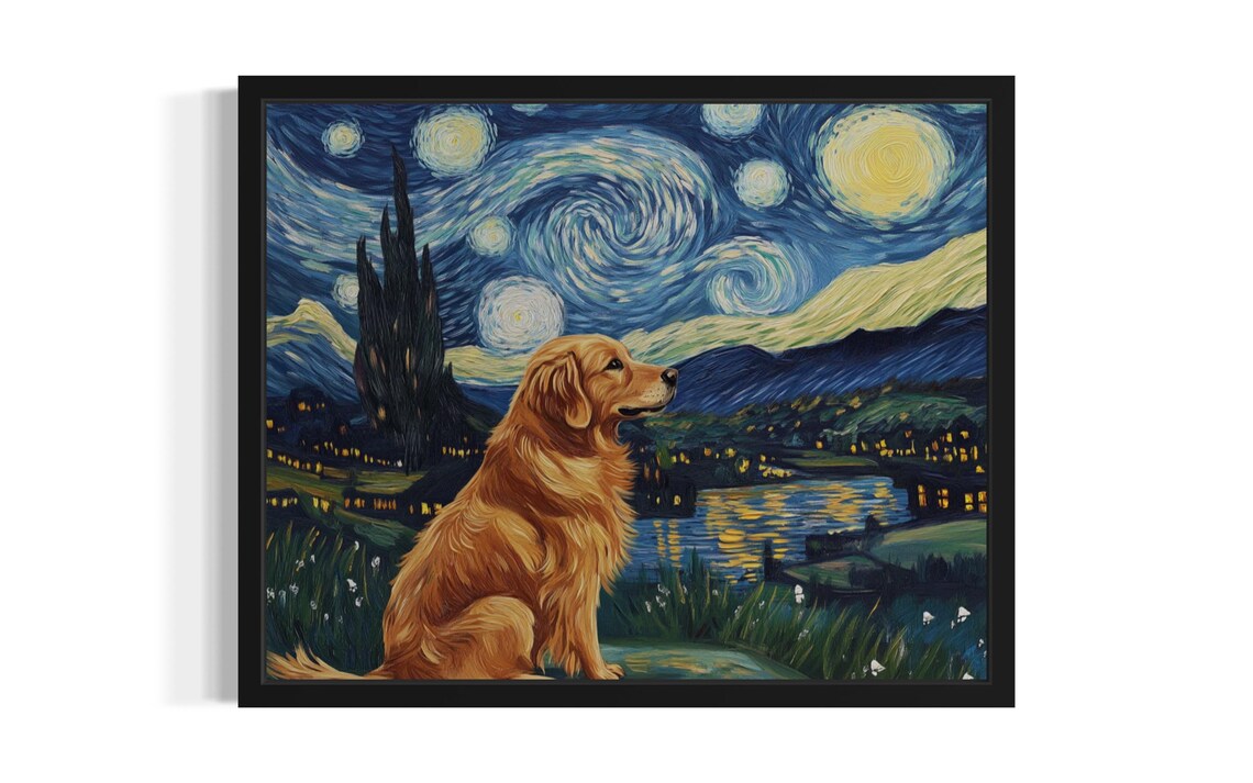 Golden Retriever Under Starry Night Van Gogh Style Painting Poster