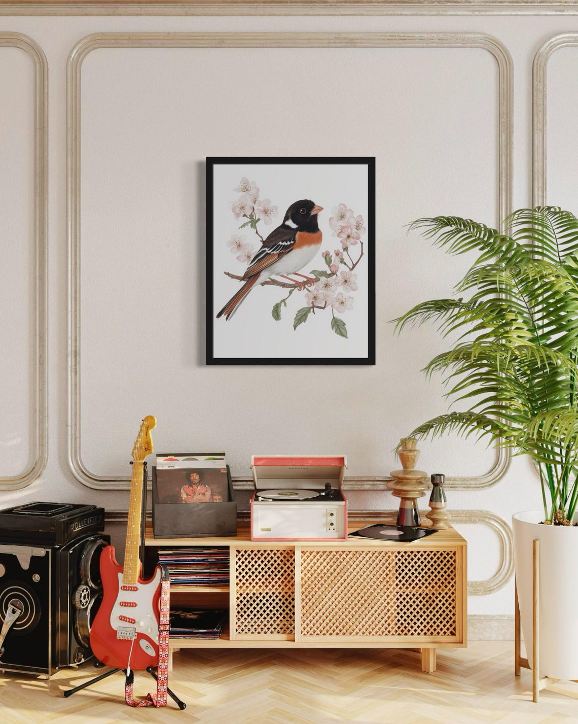 Elegant Eastern Towhee on Cherry Blossom Branch Watercolor Poster - Image 4