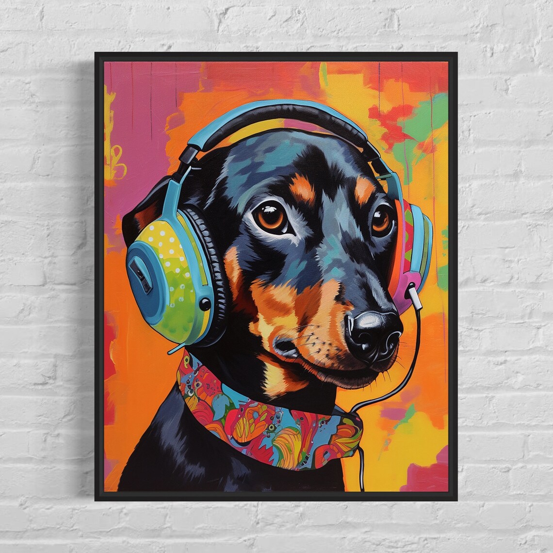 Happy Dachshund Wearing Headphones in Colorful Pop Art Style Poster
