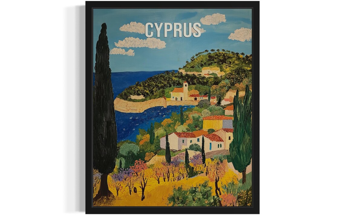 Cyprus Sunlit Mediterranean Coastal Village Bay Folk Art Travel Poster