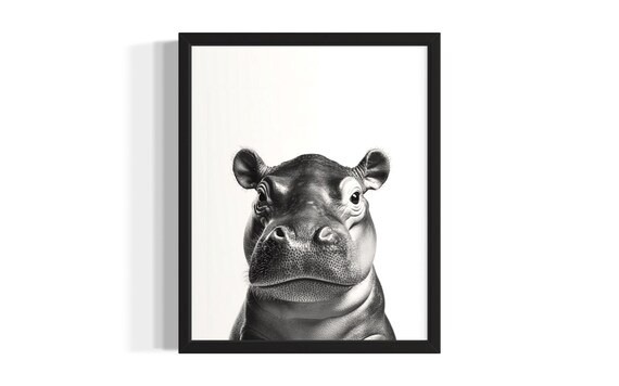 Hippo Animal Black And White Poster Art Print Living Room Wall Original Paint Artwork Decor