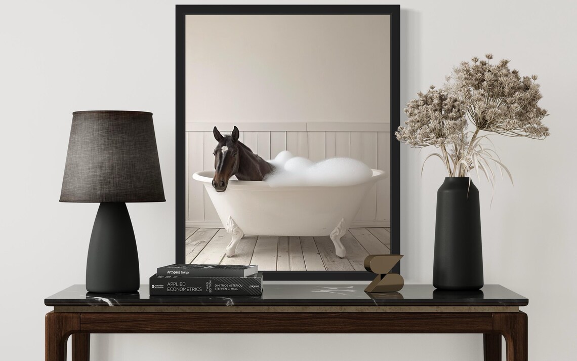 Brown Horse Soaking in a White Clawfoot Bubble Bath Tub Photo Poster - Image 2