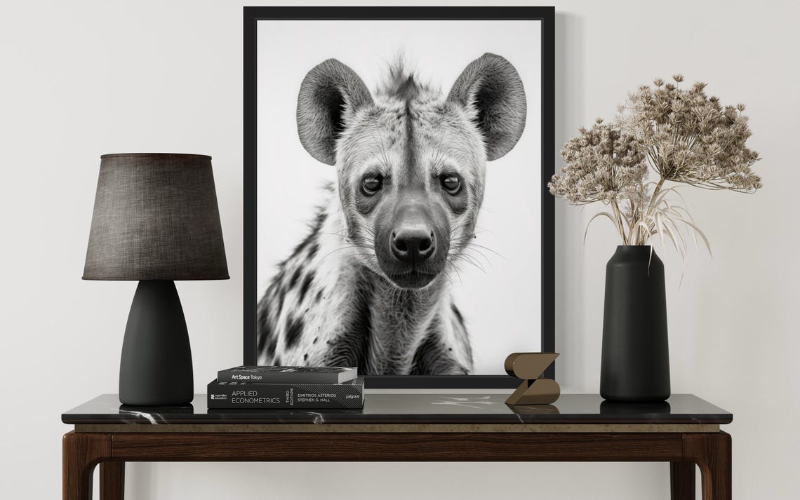 Spotted Hyena Front Portrait Black and White Wildlife Photo Poster - Image 2