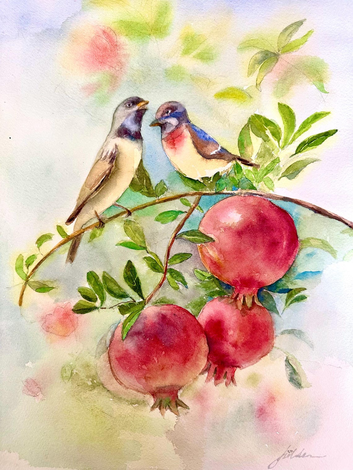 Two Songbirds Among Ripe Pomegranates Watercolor Orchard Poster - Image 3