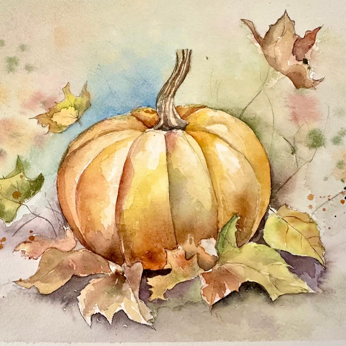 Golden Harvest Pumpkin with Falling Autumn Leaves Watercolor Poster