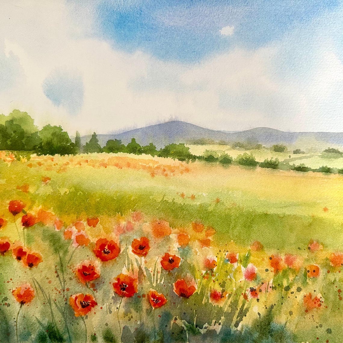 Poppy Meadow with Rolling Hills and Blue Sky Watercolor Poster - Image 5