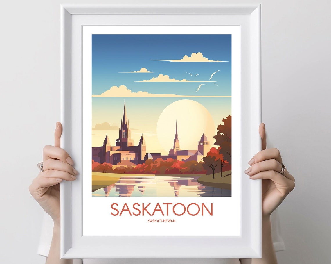 Saskatoon Saskatchewan Riverfront Sunset Skyline Travel Poster