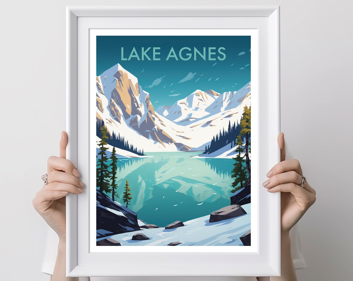 Lake Agnes Canada Snowy Peaks Turquoise Lake Travel Art Poster