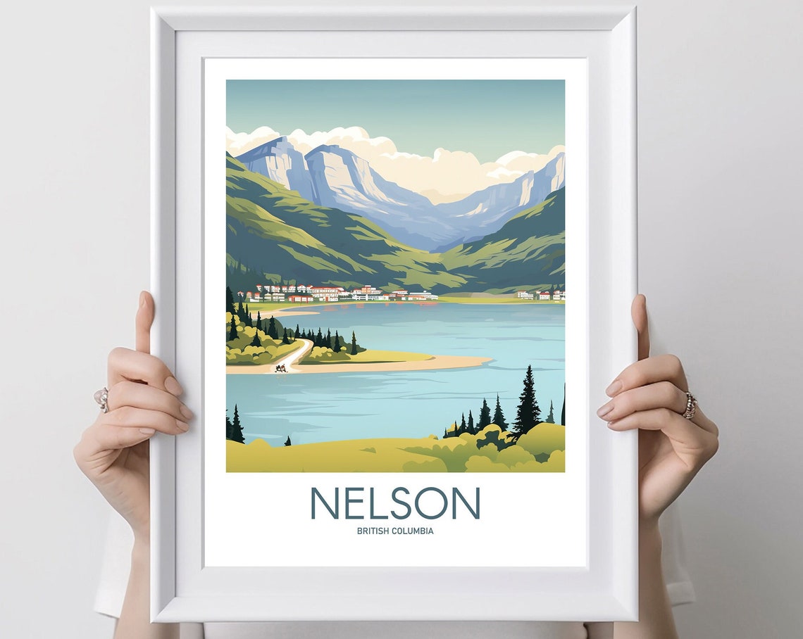 Nelson British Columbia Lakeside Mountain Town Scene Travel Poster