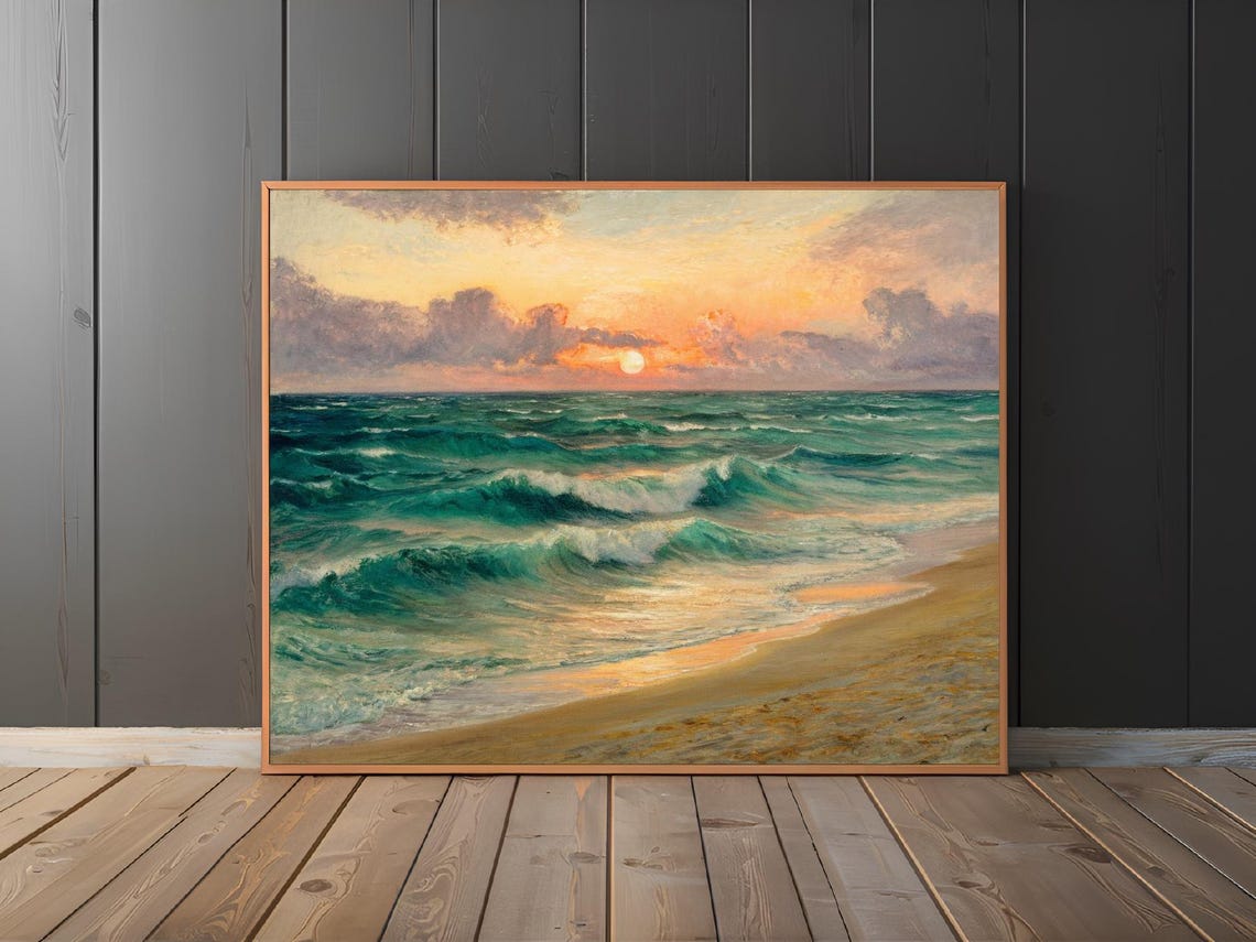 Teal Ocean Waves Sunset Beach Seascape Impressionist Art Poster - Image 2