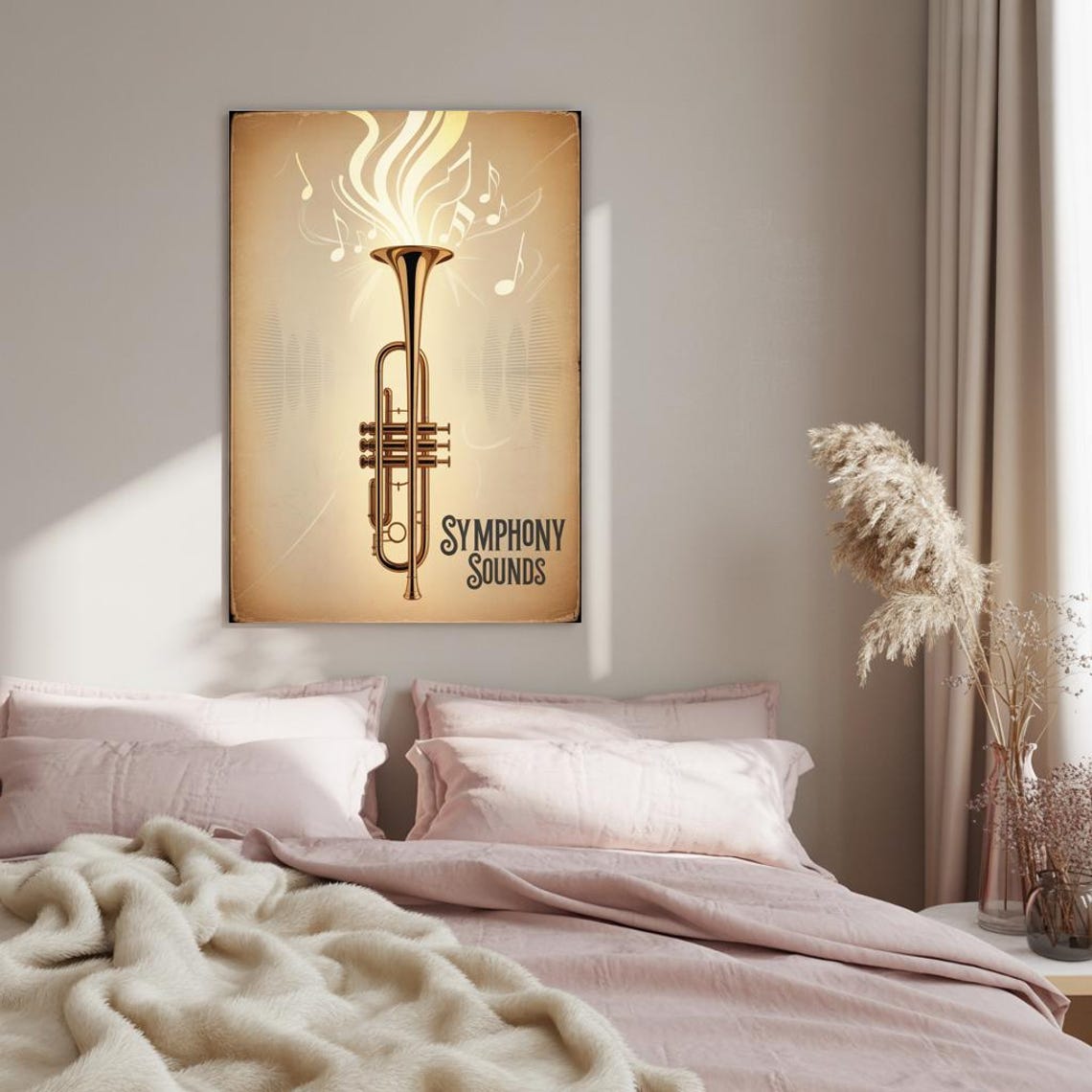 Symphony Sounds Golden Trumpet Vintage Music Notes Sepia Decor Print