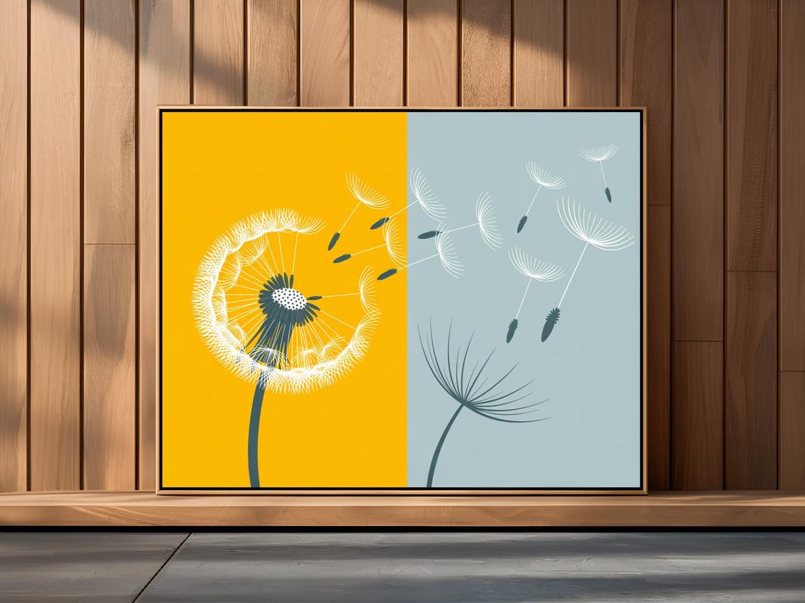 Dandelion Seeds Blowing Mustard Yellow Grey Dualtone Art Print - Image 3