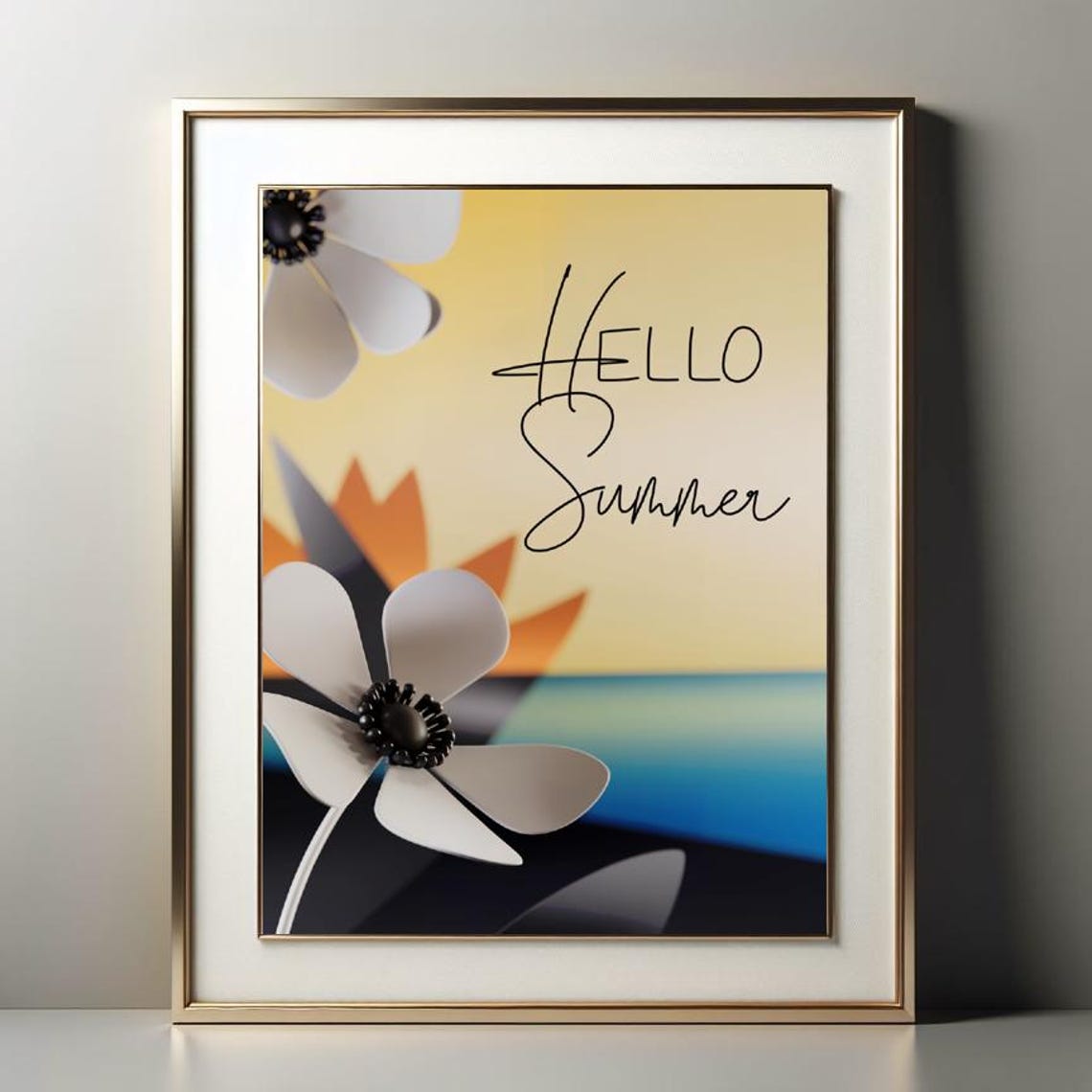 Hello Summer Abstract Sunset Beach White Cosmos Flower Modern Wall Art