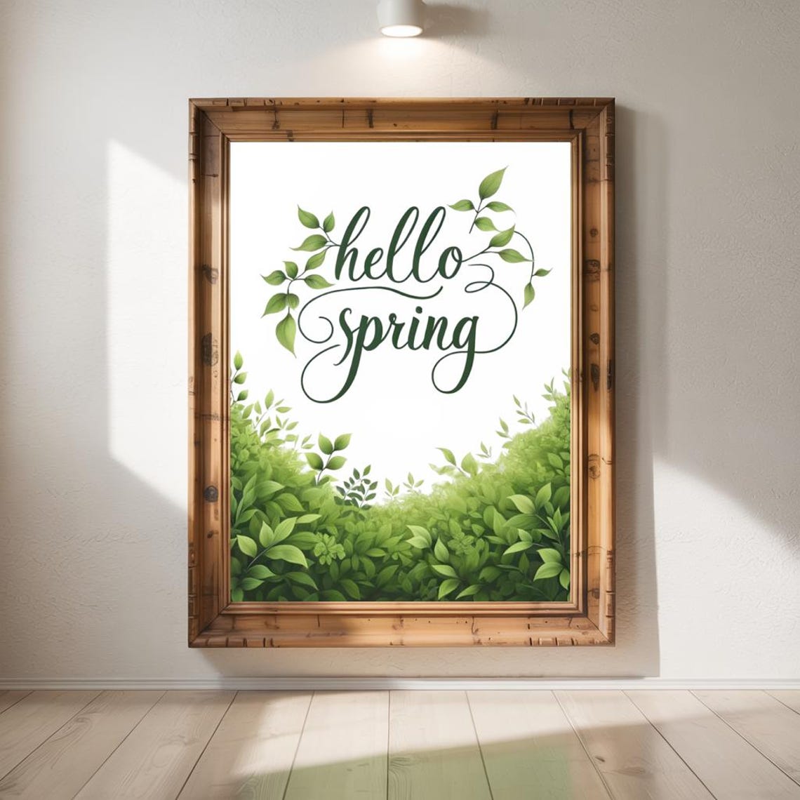Hello Spring Green Calligraphy Leafy Branches Botanical Decor Print