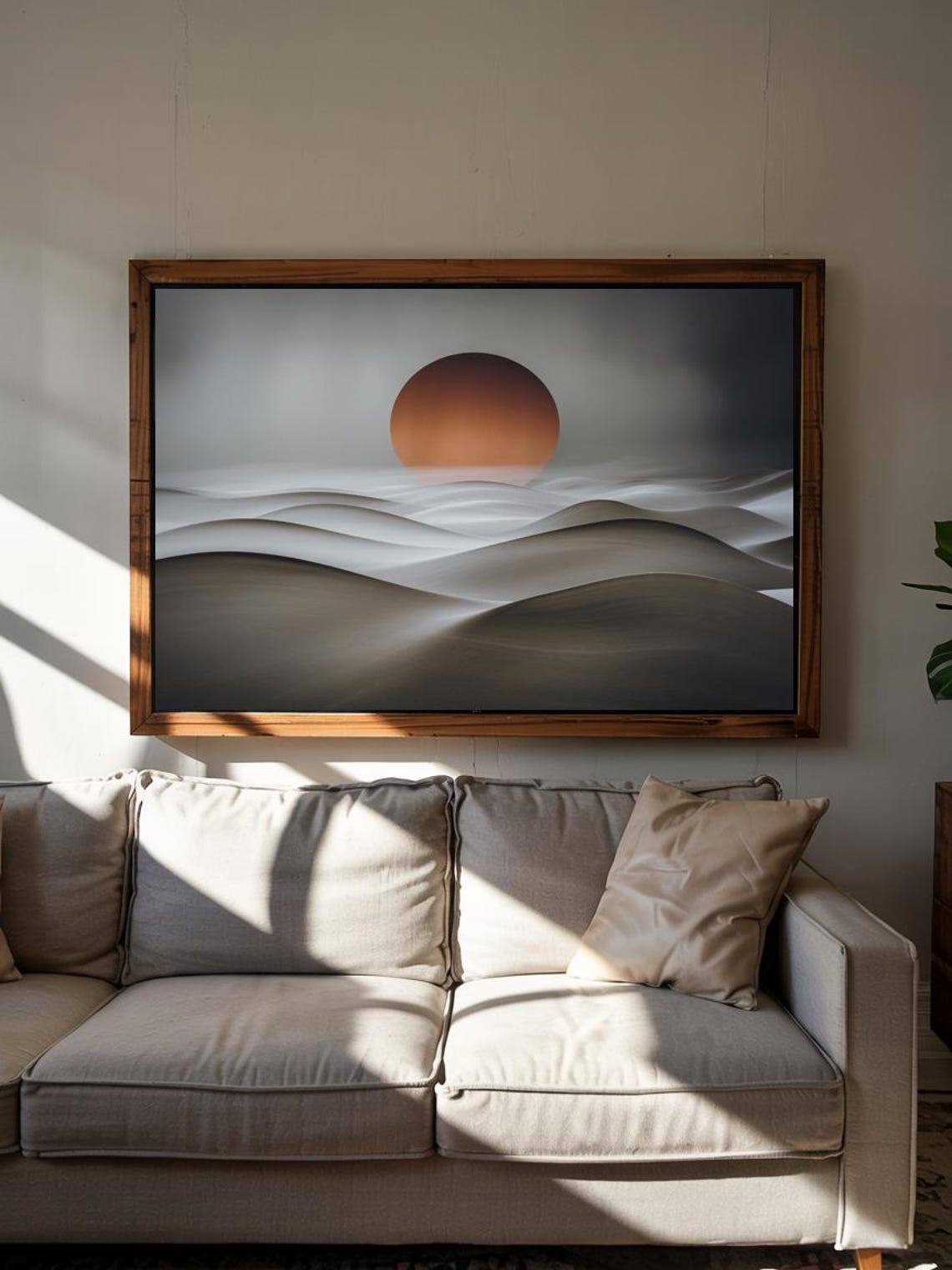 Burnt Orange Sun Over Rolling Gray Sand Dunes Minimalist Poster - Image 3