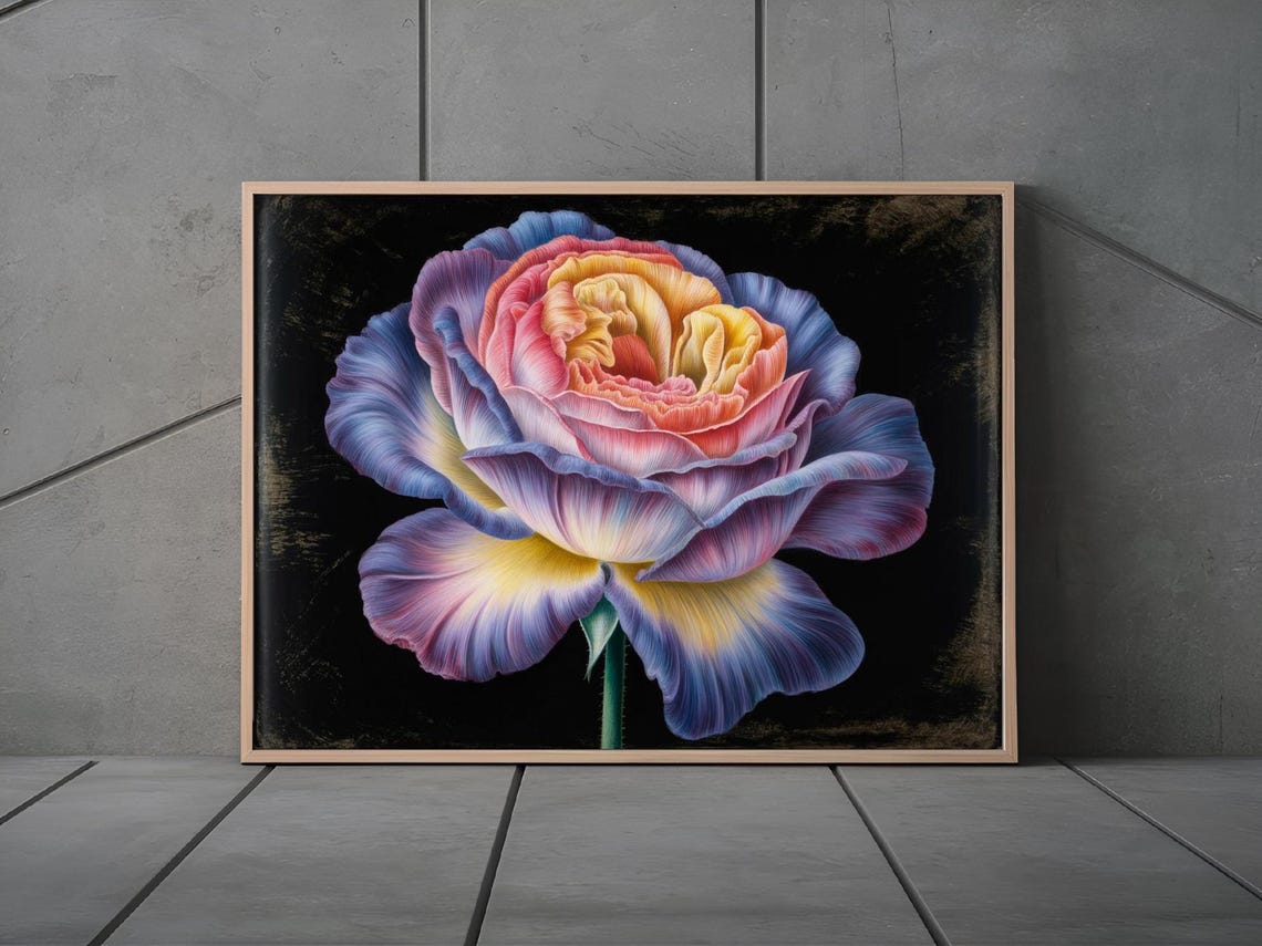 Rainbow Rose Bloom Moody Black Background Botanical Art Print - Image 3