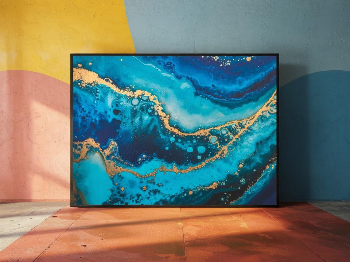 Blue Marble Agate Gold Vein Ocean Abstract Elegant Art Print