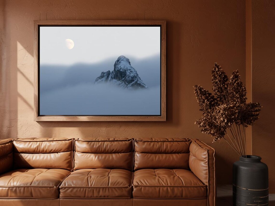 Snowy Mountain Peak Rising From Fog Full Moon Minimalist Poster - Image 3
