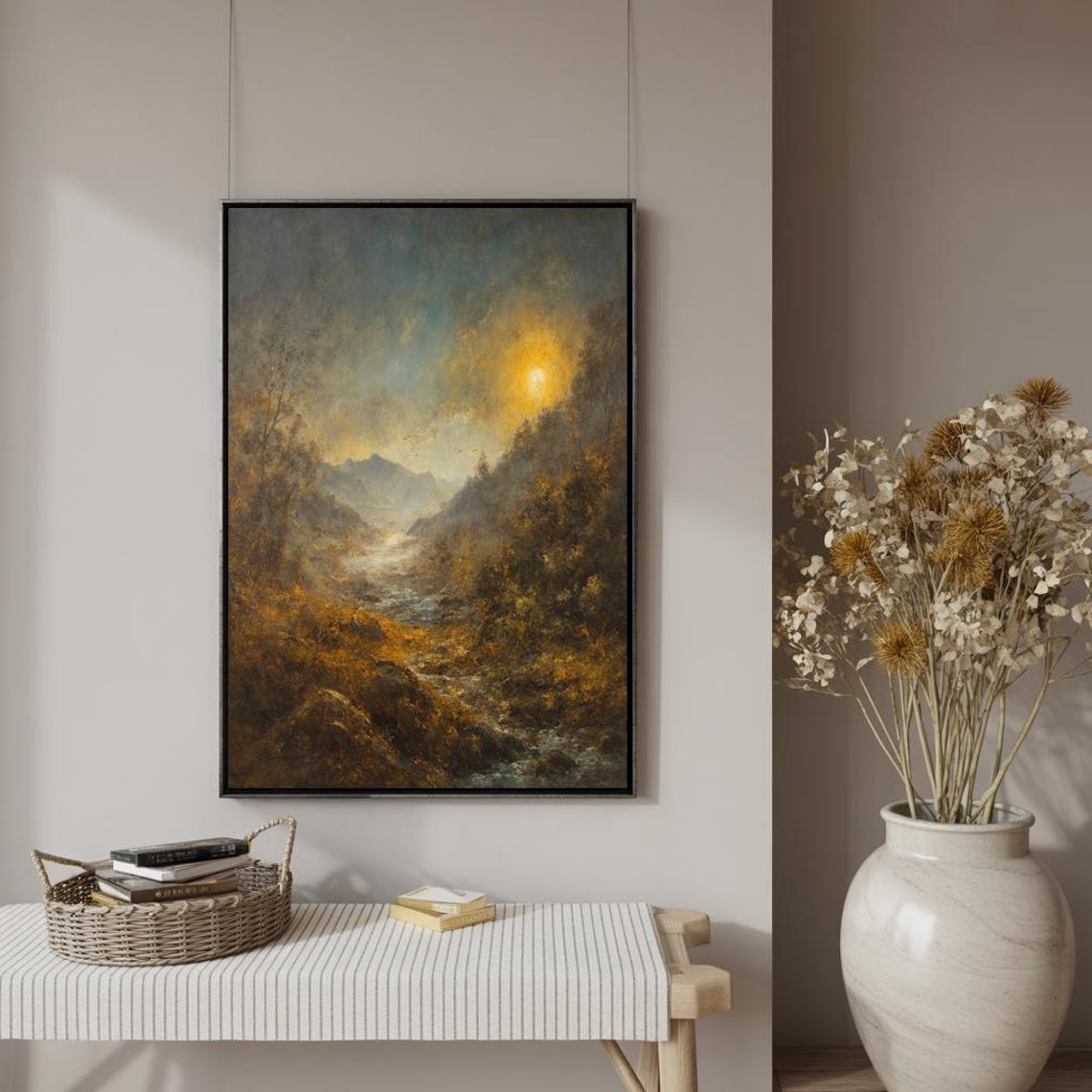 Golden River Valley Impressionist Sunset Mountains Vintage Poster - Image 2