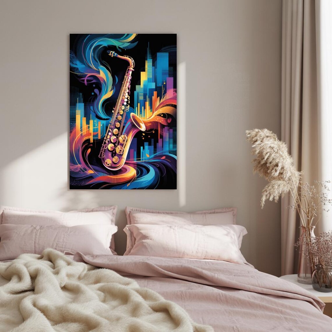 Colorful Saxophone Over Night City Skyline in Vivid Hues Poster - Image 2