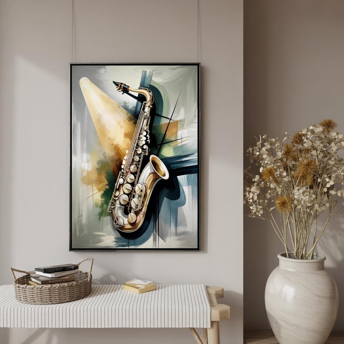 Golden Saxophone Under Spotlight on Painted Abstract Gray Poster - Image 3