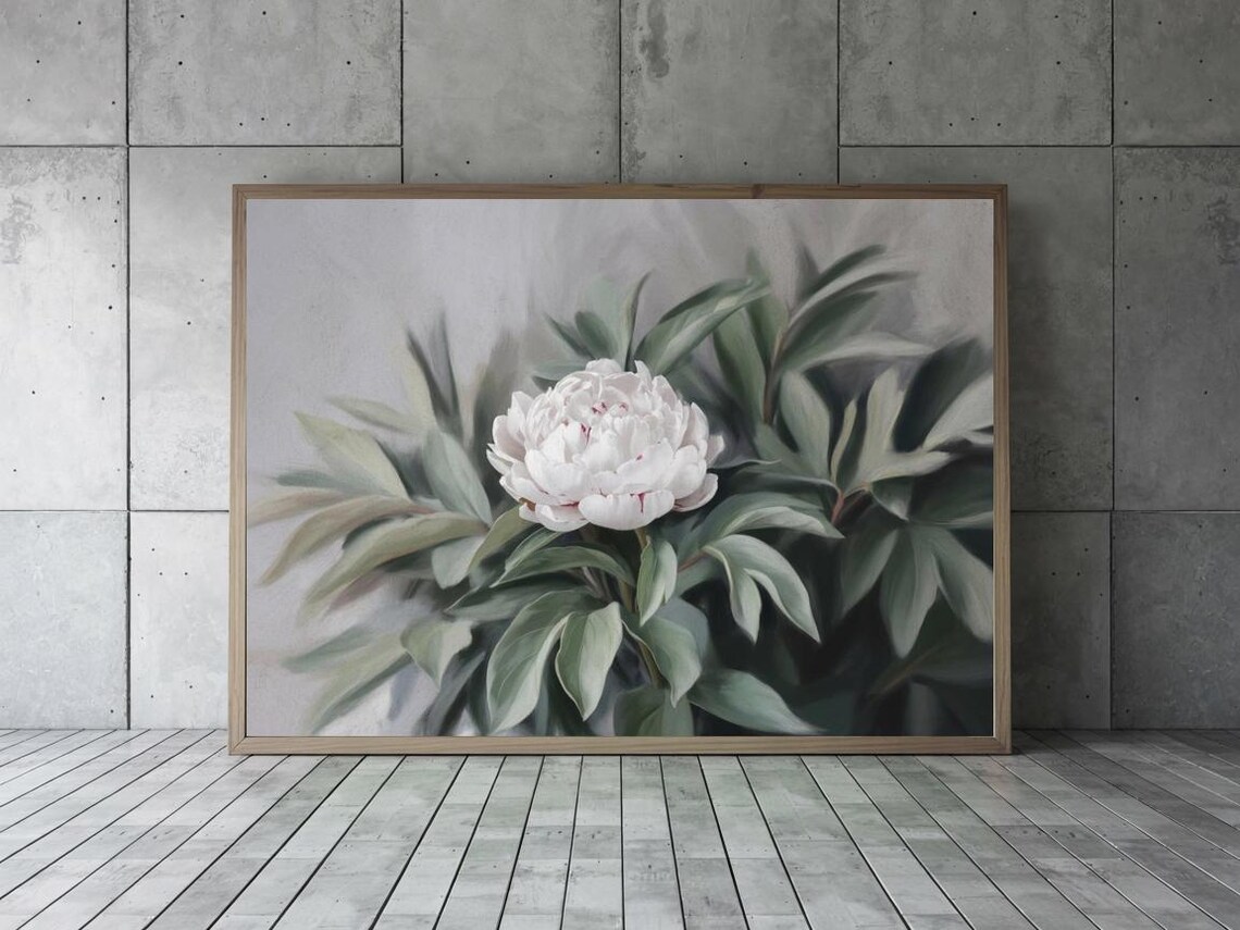 White Peony Bloom Lush Green Leaves Floral Oil Painting Poster